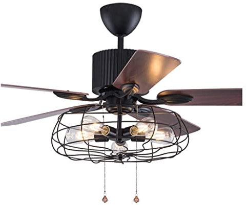 Ventilatore da soffitto vintage da 122 cm, con luci e telecomando, in legno, reversibile, lampadario per soggiorno con gabbia in ferro, ventilatore da soffitto