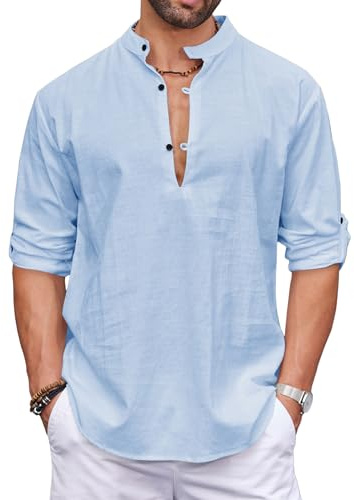COOFANDY Chemise d'été en Lin pour Homme à Manches Longues Henley Chemise décontractée Coupe régulière Bleu Clair M