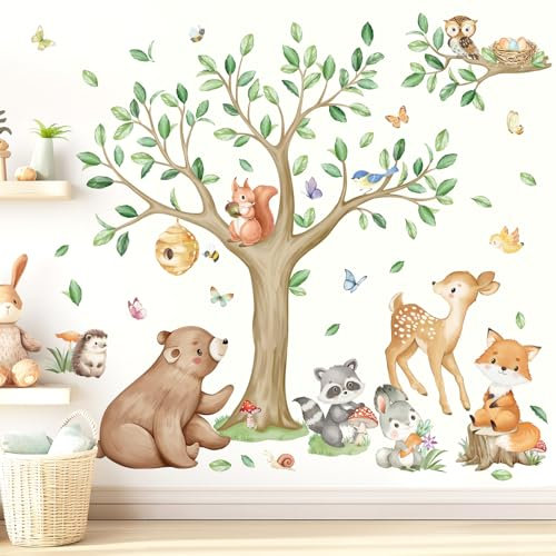 wondever Adesivi Murali Bambini Animali del Bosco Albero Sticker da Muro Animali Foresta Orso Volpe Cervo Adesivi da Parete per Camerette Bambini Asilo Nido Camera da Letto