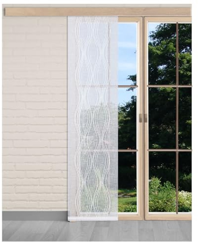 Moderne Flächengardine Camita aus Vogtländischer Spitze | Zeitlose Schiebepaneele in weiß | Halbtransparenter Flächenvorhang mit dezentem Wellenmuster | Schiebegardine Höhe x Breite 94 x 40 cm
