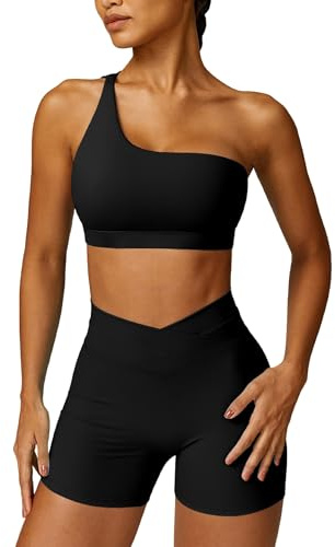 IMEKIS Zweiteiler Sport Set Damen Yoga Outfit Eine Schulter Sportbh mit Hohe Taille Gym Shorts Workout Fitness Kleidung Sportswear Laufanzug Trainingsanzug Schwarz M