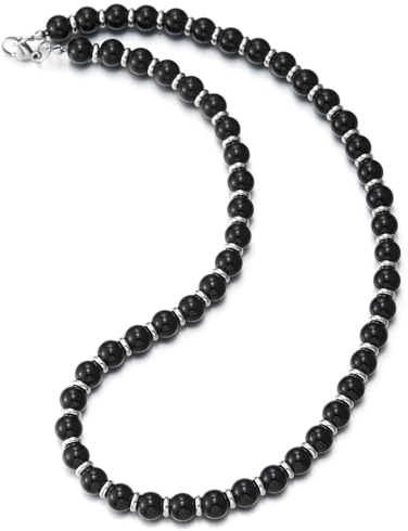 COOLSTEELANDBEYOND Black Beaded Necklace for Men Glossy Round Beads with Stainless Steel Spacers Modern Statement Chain
