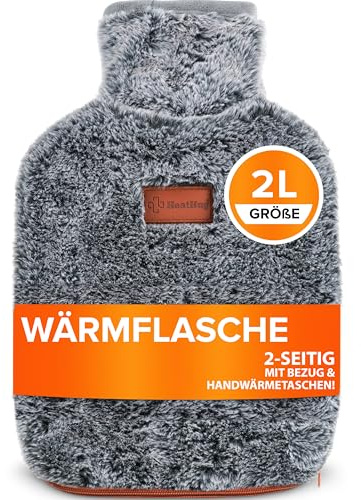 Wärmflasche mit Bezug (2 Liter) 2-seitige Wärmeflasche für Erwachsene mit weicher Tasche auslaufsicher Naturkautschuk Geschenk für Frauen – Schmerzlinderung bei Regelschmerzen und Magenkrämpfen