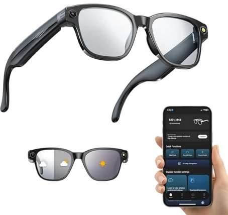 AI Smart Glasses con Telecamera 8MP, Occhiali Intelligenti con Lenti Fotocromatiche, Occhiali da Sole Bluetooth Uomo, Traduzione in Tempo Reale, Musica Open-Ear, Microfono Dual Noise Reduction