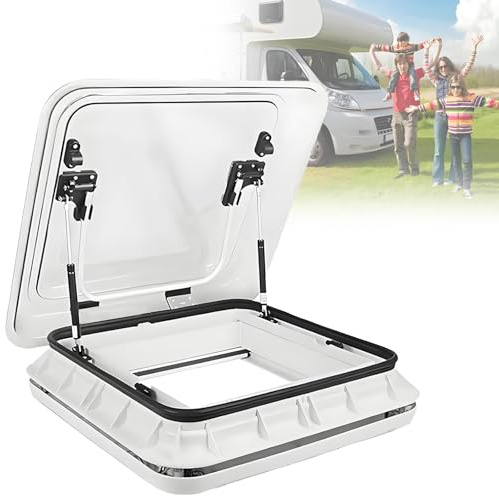 500x500 mm Caravan Camper Roof Window - Double-Layer Transparent Screen,70° Opening,for Four Seasons TransparentWhite