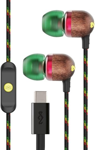 House of Marley Smile Jamaica Écouteurs filaires USB-C 9,2 mm - Rasta | Écouteurs intra-auriculaires durables, Câble anti-enchevêtrement, Microphone intégré, transducteur