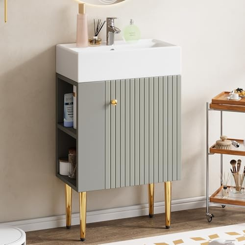 SUKY Mueble de baño con armario para lavabo, muebles pequeños para invitados, 55 x 31 x 91,5 cm (gris y blanco)
