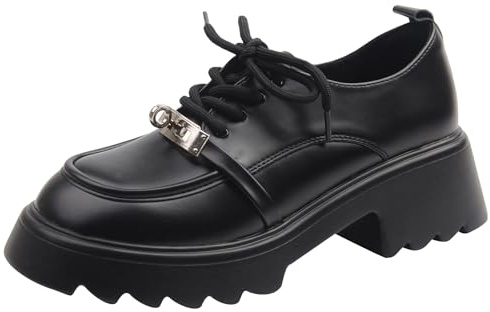 Eestfy Zapatos Oxford con Plataforma, Cuero Mate Mujer Cordones Suela de Tacos Gruesa Mocasines de Moda, Diseño de Punta Redonda Zapatos de Vestir Ajuste Ancho,Negro,37 EU