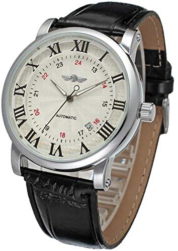 ZJchao Automatisk Mekanisk Klocka för Män, Urtavla med Romerska Siffror med PU-läderband, Armbandsur, Familj och Vänner (Vit yta, svart bokstäver, silver och)