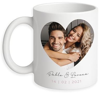 Genérico Taza Personalizada con Foto en Forma de Corazón, Blanco, con Nombres y Fecha, Regalo Romántico San valentín día de los Enamorados cumpleaños Pareja