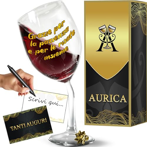 Aurica Calice Vino Personalizzato GRAZIE PER LA PAZIENZA E PER LE RISATE INSIEME – Bicchiere Storto Per Dirle Grazie Con Un Sorriso - Regalo Per La Festa Della Mamma Con Confezione Regalo Inclusa