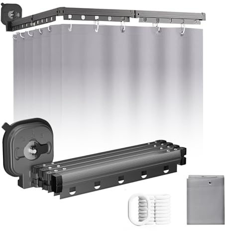Faltbare Duschvorhangstange 126 cm mit Duschvorhang 120×200 cm – 3-fach klappbar, L-/U-Form, Montage ohne Bohren, Eck-Duschstange für Badezimmer (Saugnaspektstil)