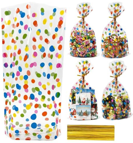 Colourful 50 Stück Cellophantüten mit Bunten Punkten, 15x25cm Geschenktüten Kindergeburtstage mit 50 Krawatten, Klarsichtbeutel, Gebäcktüten für Süßigkeiten,Mitgebsel, Geschenke und DIY(50)