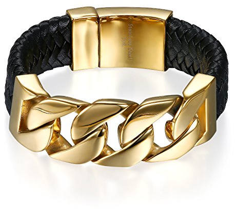Flongo Herren-Armband Herrenkette Lederband, Breit Edelstahl Gold Farbe Panzerkette Fahrradketten schwarz geflochtenes Lederarmband Motorradfahrer Biker Herren Männer Accessoires