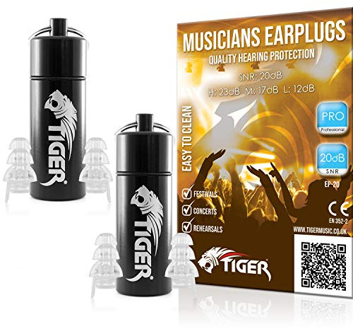 Tiger EP-20-2 Professional Musician's Filter Earplugs - Pack of 2 Pairs | SNR 20dB Hearing Protection for Drummers, DJs, Vocalists and Guitarists - Triple Flange Design Ear Plugs