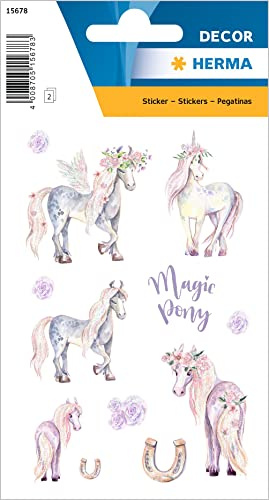 HERMA 15678 Lot de 24 autocollants chevaux licorne à paillettes - Petits autocollants animaux avec motif poney fer à cheval - Étiquettes pour enfants pour album photo, journal intime, album de poésie,
