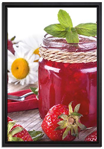 Pixxprint Glas mit Erdbeeren Leinwandbild 60x40 cm im Bilderahmen, Wandbild, Schattenfugenrahmen, Kein Poster