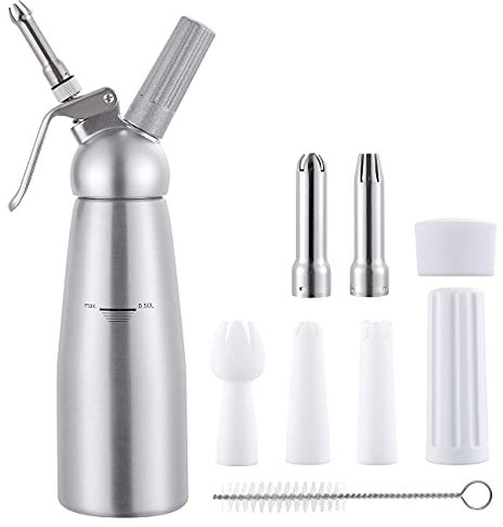 Timoston 0.5L Sahnespender für Schlagsahne,10 in 1,Cremes und Soßen Schlagsahnebereiter mit 3 Edelstahl Spritztüllen Profi Sahnesyphon aus Aluminium 500mL (Silber)