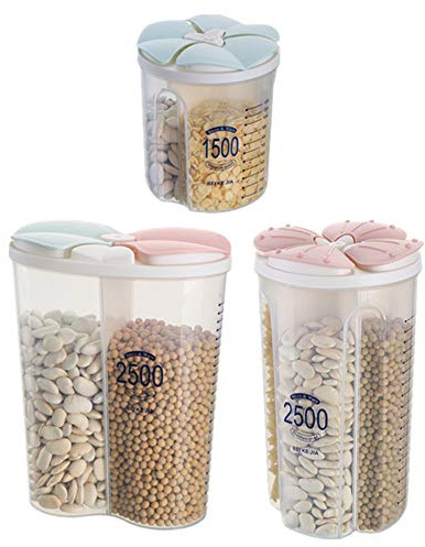 JMAHM 3PCS Cereal Dispensers Tubs Food Storage Containers Pasta Airtight Clear Plastic with Multiple Spaces Calibration Keep Food Fresh Dry (1.5L/3Grid+2.5L/2Grid+2.5L/4 Grid, Green+Mix+Pink)