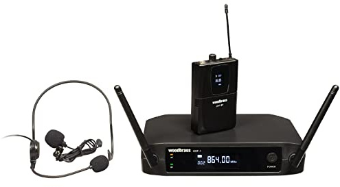 WOODBRASS Microphone sans Fil Système Micro Serre tête ou Micro Cravate UHF Léger, Pratique et Discret pour Fitness, Coach, DJ, Animation, Mariage, Conférence (UHF-1HL-F3 - Bande F3 : 864 MHz)