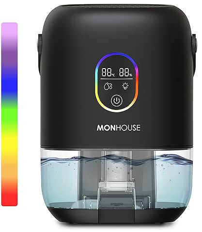 MONHOUSE Deshumidificateur - 1000 Ml - Absorbeur D Humidite Electrique Ultra Silencieux - 7 Veilleuses Colorees, 2 Modes De Fonctionnement, Indicateur D Humidite Et De Temperature - Noir