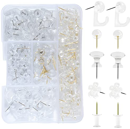 VAPKER 195Pcs Clear Push Pins Set Gold Clear Push Pins Map Tacks Round pins Large Thumb Tacks Hook Pushpin Flower Thumbtack 5 Styles for Cork Bulletin Board