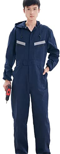 Resnan Unisex-Arbeitsoverall mit Reißverschluss vorne Taschen Arbeitskleidung Staubdicht Arbeitskleidung Mechaniker Langarm Overall Anzug Kapuze, Marineblau, L
