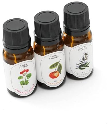 SAVON STORIES – Trio D’Huiles Essentielles – Huiles de Géranium, Mandarine et Sauge Sclarée – Harmonie les émotions et Favorise une belle peau