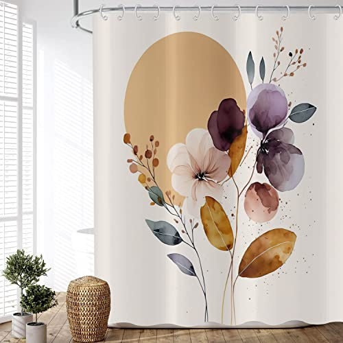 ASDCXZ Duschvorhang Boho Style 180x200 cm, Modern Abstrakt Kunst Handgemalt Rose Lila Blume Blätter Sonne Beige Waschbar Duschvorhänge Textil für Badewanne mit 12 Haken, Muster-10