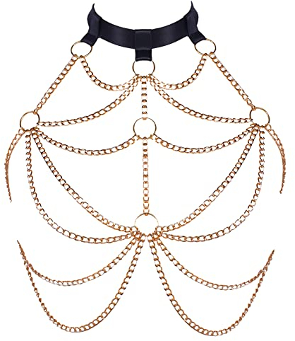 PETMHS Punk Brust Harness BH Body Chain für Damen Truhe Kette Schwarz Gothic Halsband Ketten Riemchen Geschirr BHs Körperschmuck Clubwear Mode Belly Belts (Schwarzes Gold O322)