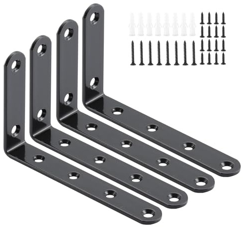 HOME MASTER HARDWARE 5 x 3 Heavy Duty Corner Brace,4 Pcs Shelf Brackets,Steel L Corner Bracket for Wood Furniture, Shelves, and Cabinets,Metal Right Joint Angle Bracket with Screws,Black