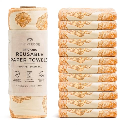 EcoPledge Wiederverwendbare Papierhandtücher, waschbare Rolle, Dicke, zweilagige, Ultra-saugfähige, papierlose, zertifizierte Bio-Baumwolle, großes Küchen-Papiertuch mit Aufhängeschlaufe, 12 Stück