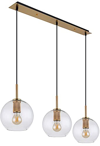 Hängelampe Pendelleuchte Glas 3 flammig Lampenschirm Hängelampe Glaskugel Esstischlampe, Metall messingfarben, 3x E27 Fassungen, LxBxH 90x20x120 cm