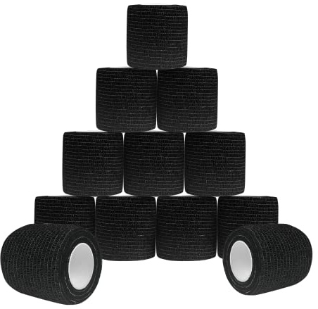 Venda Cohesiva Autoadhesiva 5 cm x 4,5 m, 12 Rollos, Negro | Banda Venda Cinta Vendaje Adhesiva Deportiva Elástica Tape Crossfit Dedos