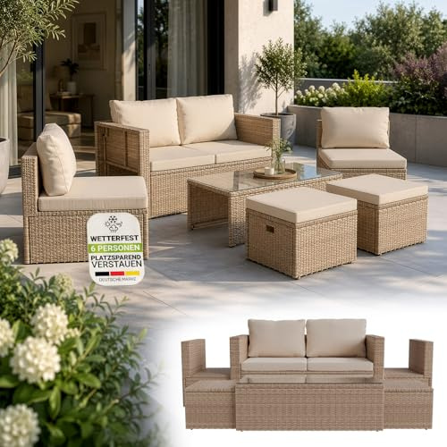 Juskys set di mobili da giardino Salou in polyrattan - Salotto resistente alle intemperie per 6 persone - Con tavolo e cuscini - Per ambienti esterni come giardino, balcone, terrazza - Crema/sabbia