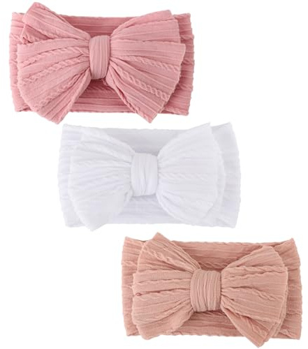 DRESHOW 3 Paket Nylonpannband för Nyfödda Babyflickor och Småbarn Hårband och Rosetter Hårtillbehör