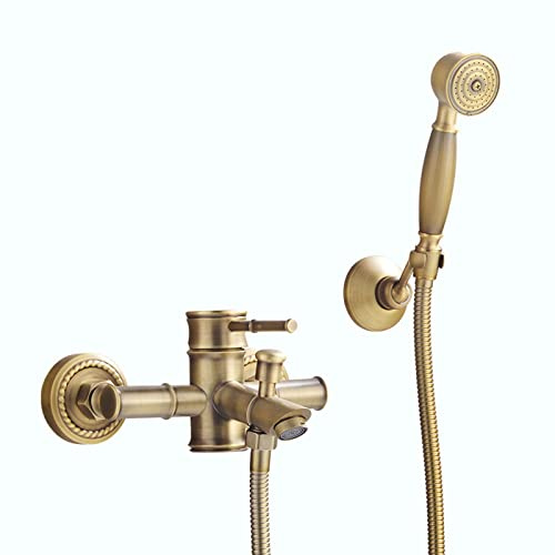 SGeneE Tub Faucet Antique Brass Bathroom Bamboo Bathtub Faucet Wall Mount Bath Shower Faucet Set with Hand Shower Single Handle Tub Filler Hot and Cold Tub Mixer Tap