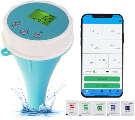 Tester di Acqua per Piscine Bluetooth 6-in-1 EC/Salinità/pH/ORP/Temperatura/Cloro, Misuratore Galleggiante Senza Fili Intelligente per il Monitoraggio delle Piscine e delle Piscine Termali