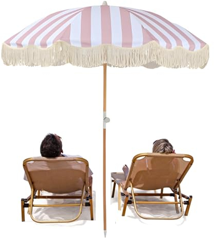 KXWOQ3ED 200cm Strandschirm mit Fransen, Boho Pink Stripes Gartenschirm, Terrassenschirm, Schutz UV Sonnenschirm mit Quaste und 8 Fiberglas-Rippen