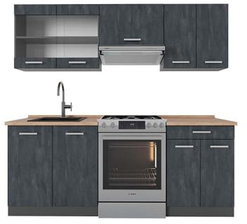 Vicco Küchenzeile R-Line, Küchenblock, Schwarz Beton/Anthrazit, 200 cm AP Eiche