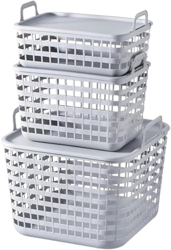 Premium Quality Plastic Grey 3 Storage Baskets with Lid Small Medium Large | Multipurpose Organizer Basket Home Kitchen Office School Hospital Spa Gym Salon | Wardrobe Toys Stationery