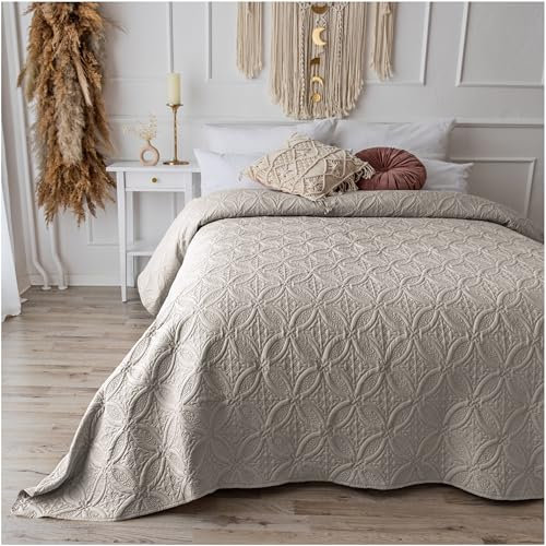 CalmyHOME Tagesdecke Bett Bettüberwurf Überwurf Ornamente 170x220cm Sofaüberwurf Steppdecke Sofa Decke Überwurfdecke Tages Decken Husse XXL Überdecke Gesteppte Tagesdecken (Leinenbeige)