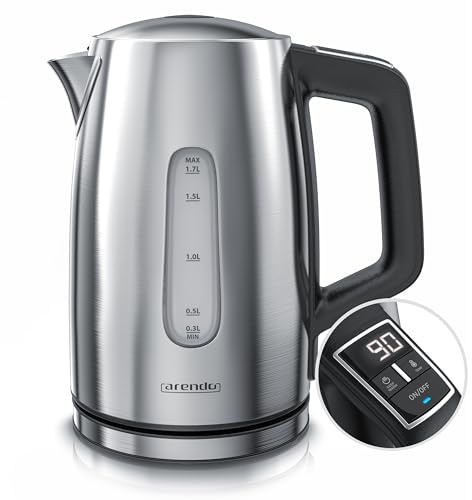 Arendo - Edelstahl Wasserkocher mit Temperatureinstellung - Temperaturauswahl 35°C bis 100°C – LED Display – Warmhaltefunktion Babymilch 40 Grad – One-Touch Deckelöffnung – Sichtfenster