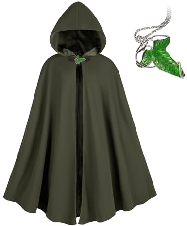 NFAOEGJ medeltida kostym kappa med huva, män renässans huva cape med grönt blad brosch halsband, för halloween cosplay utklädning (grön)