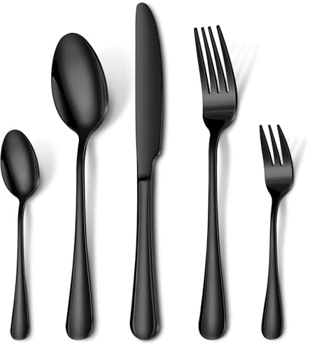 HONKKU Besteck Set 6 Personen, 30 Teilig Schwarz Besteckset mit Messer Gabel Löffel, Essbesteck Set Edelstahl Spiegelpoliert, Spülmaschinenfest