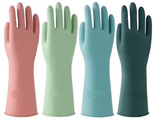 Bamllum 4 Pairs Dishwashing Gloves – Reusable Rubber Cleaning Gloves for Kitchen, Bathroom & Household, Durable & Flexible, Colorful Non-Slip Design (Large)