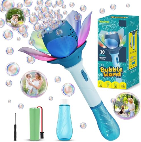 Bombble Elektrisk tvålbubbelleksak, lotusblomma, tvålbubbelmaskin, barn, 10 000 tvålbubblor/minut med 120 ml tvålbubbellösning/AKK/LED för utomhus/fest/bröllop, bubbla (blå)