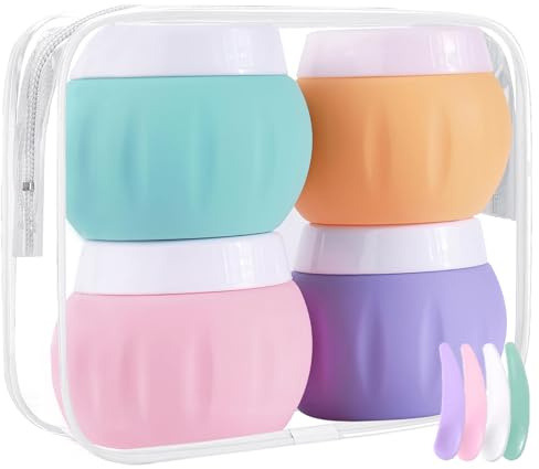 Honicemar Lot de 4 Contenants de Voyage en Silicone 50 ml, avec Spatule et Sac de Transparent, Kit Voyage Avion, Petit Vide Pots pour Cosmétiques Crèmes Articles de Toilette Bijoux - Couleurs Vives
