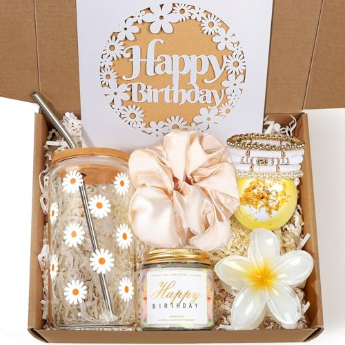 Frerdui Birthday Gift Box for Women & Teen Girls – Cute Daisy Glass Cup Gift Set (7PCS), Happy Birthday Gift for Her, Sister, Daughter, Best Friend