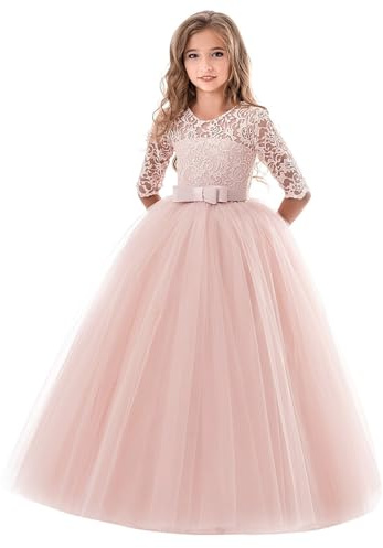 Enfants Fille Robe de Carnaval Princesse Longue en Dentelle avec Bowknot Demoiselle d'honneur Dress de Soirée Mariage Robe de Première Communion Anniversaire Fête Photographie